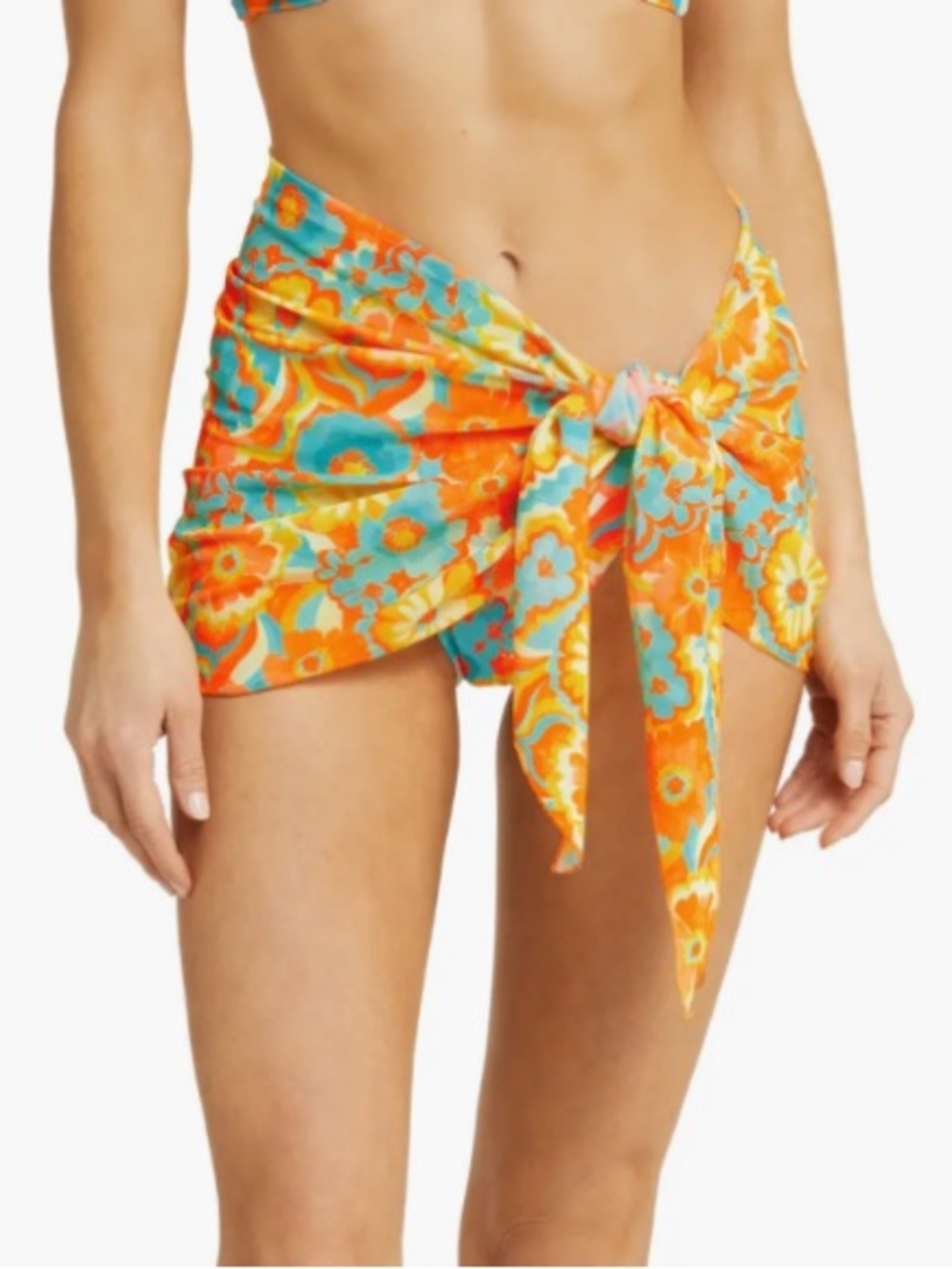 Kulani Kinis Floral Mesh Cover-Up Tie-Side Swim Sarong in Orange & Turquoise